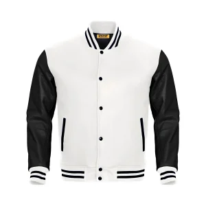 Letterman Jacket Baseball Jacket White Body Black Leather Sleeves Varsity Jacket