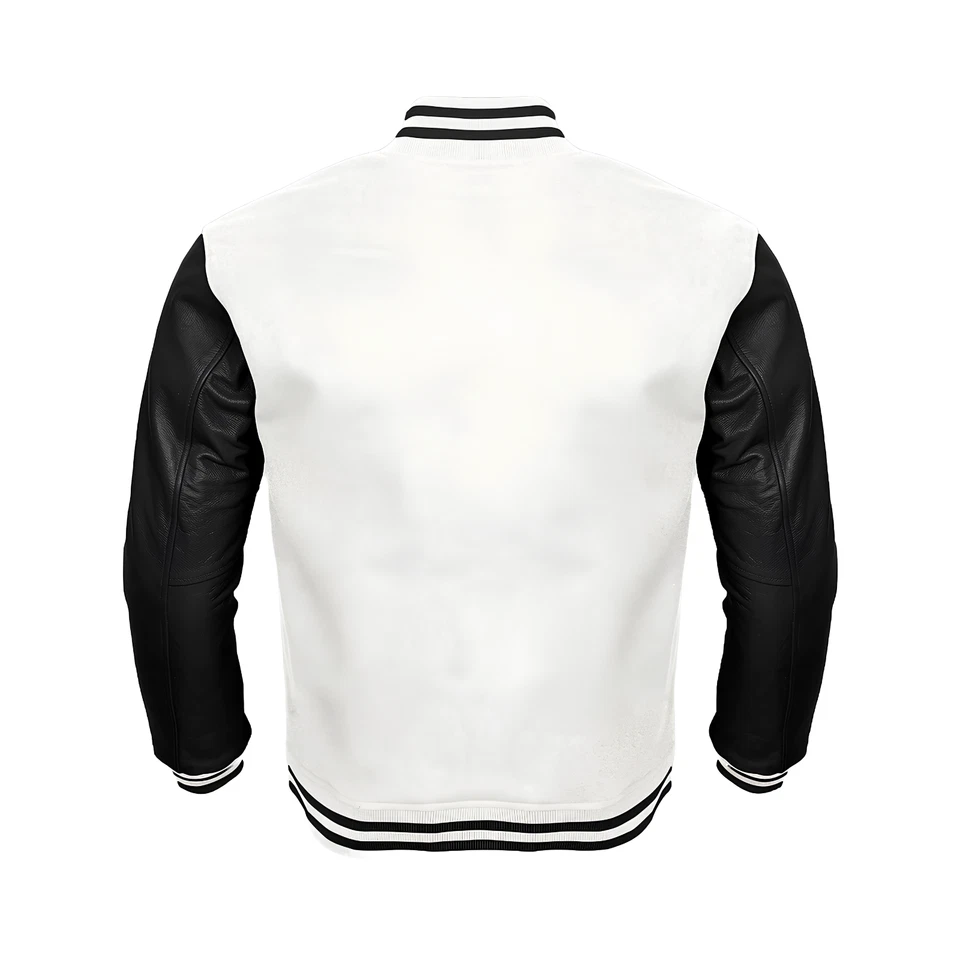 Letterman Jacket Baseball Jacket White Body Black Leather Sleeves Varsity Jacket - Image 3