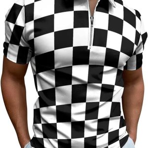 White Black Checkered Men's Polo Shirts Short Sleeve Golf Tennis T-Shirt Casual Work Tee Tops